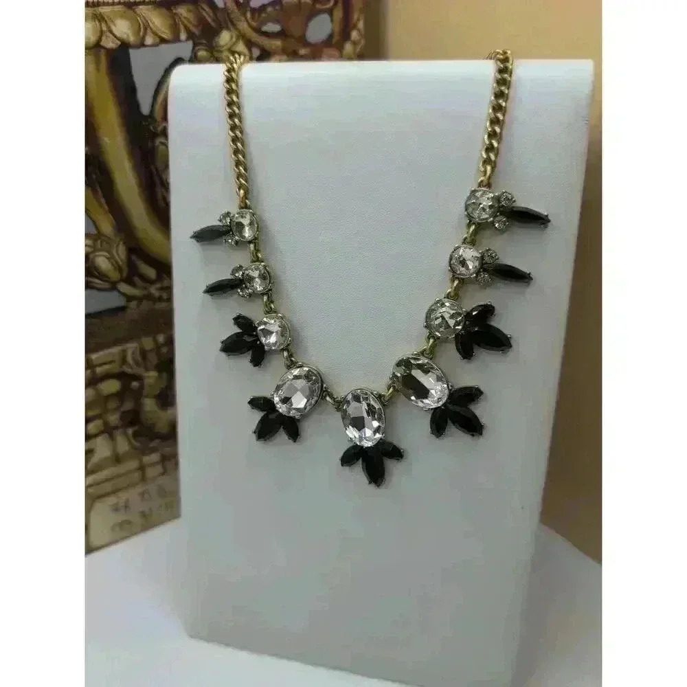 JCrew Goldtone Black Acrylic Clear Rhinestone Statement Necklace